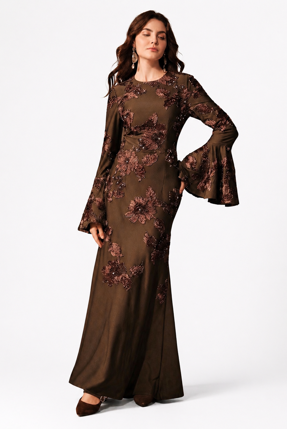 Mocha Embroidered Floral Maxi Dress JILBAYA