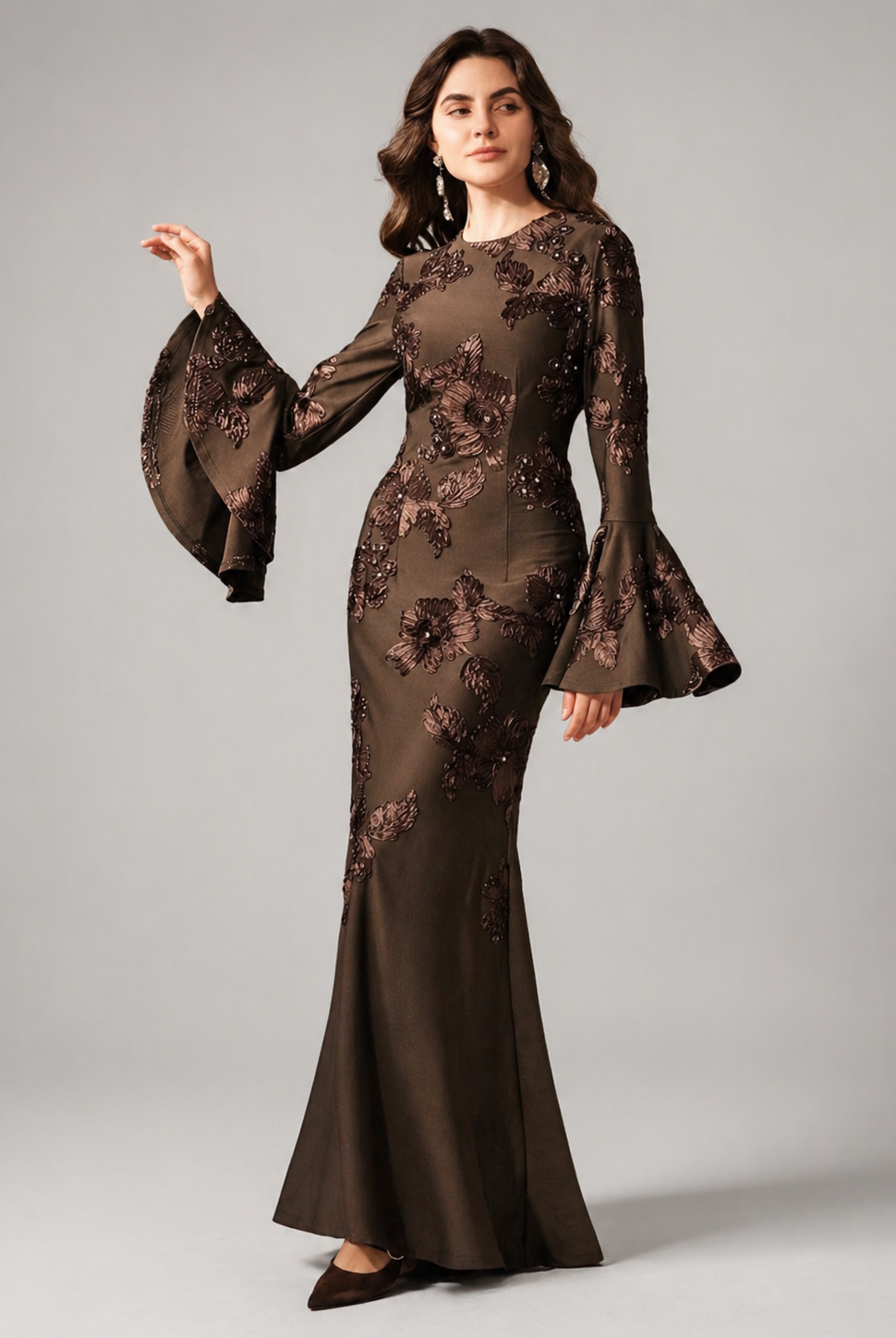 Mocha Embroidered Floral Maxi Dress JILBAYA