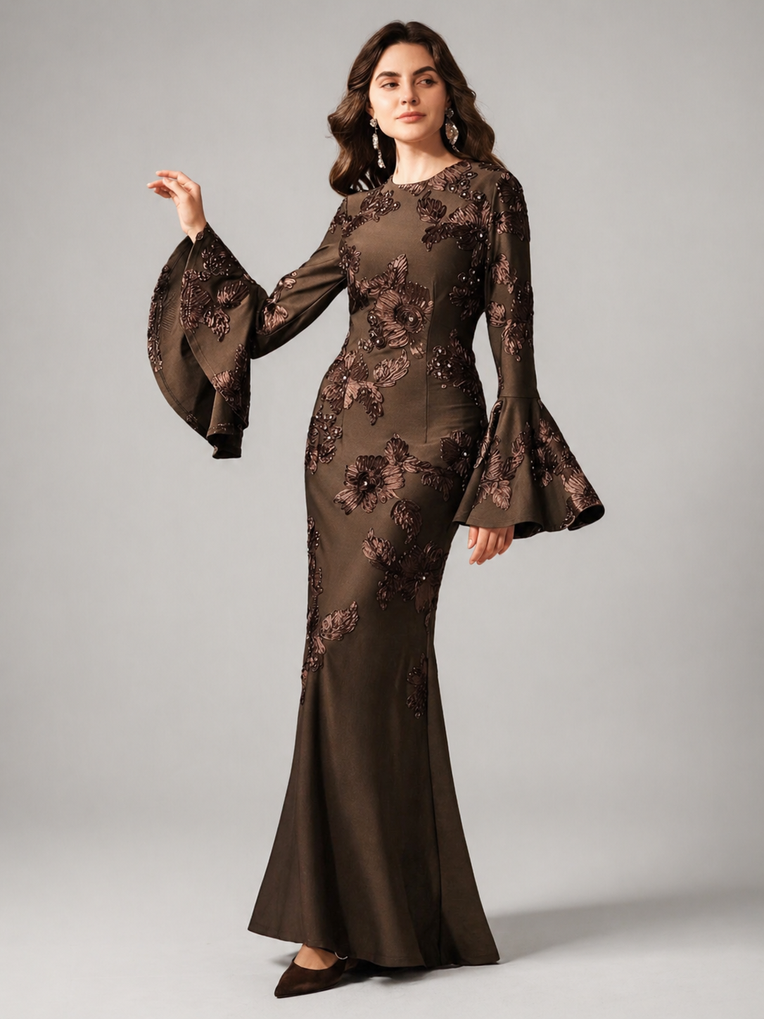 Mocha Embroidered Floral Maxi Dress JILBAYA