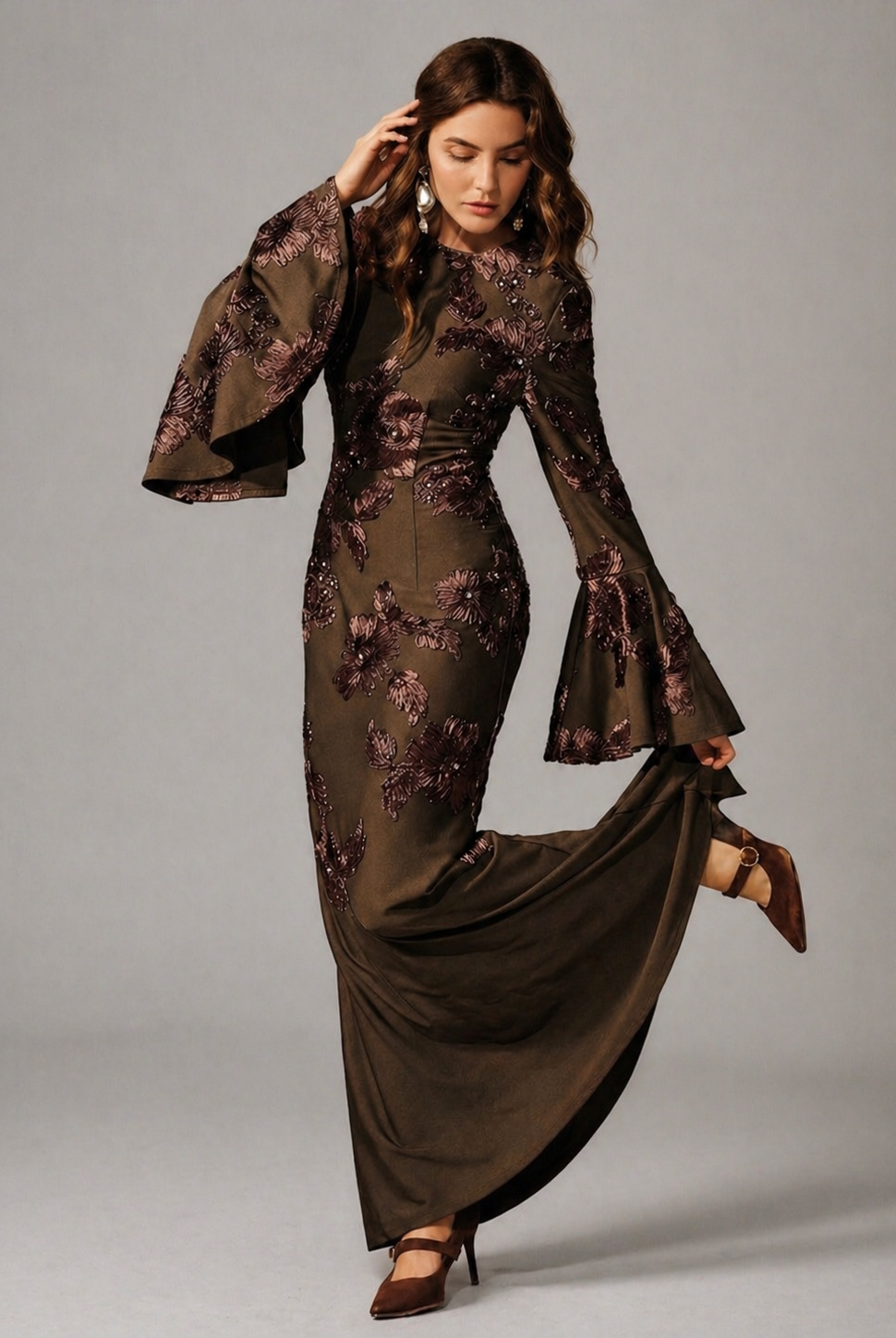 Mocha Embroidered Floral Maxi Dress JILBAYA