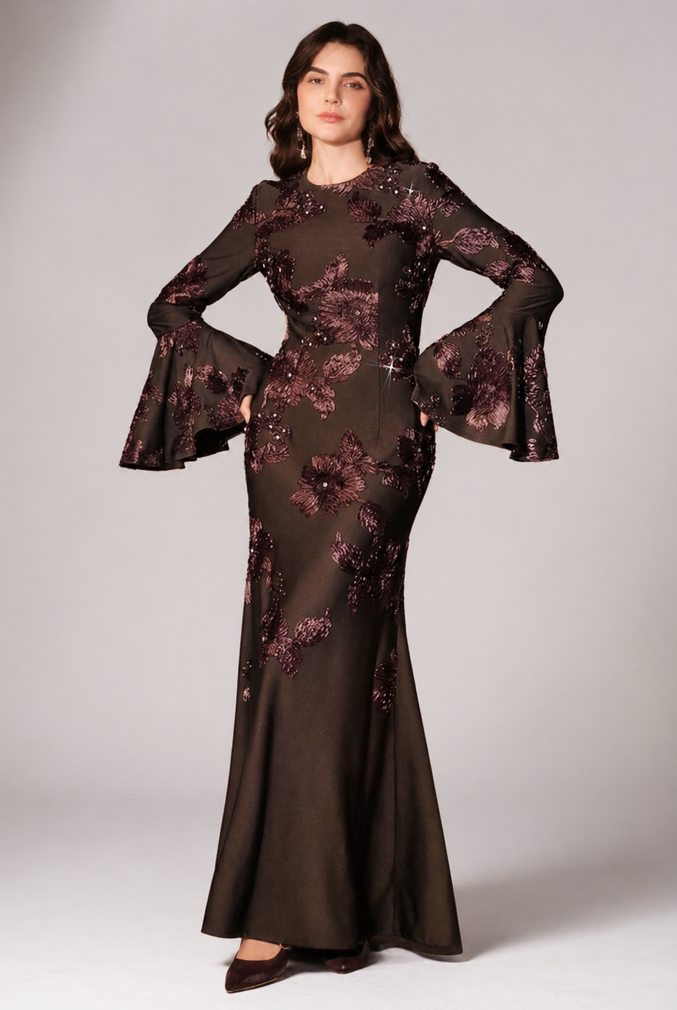 Mocha Embroidered Floral Maxi Dress JILBAYA
