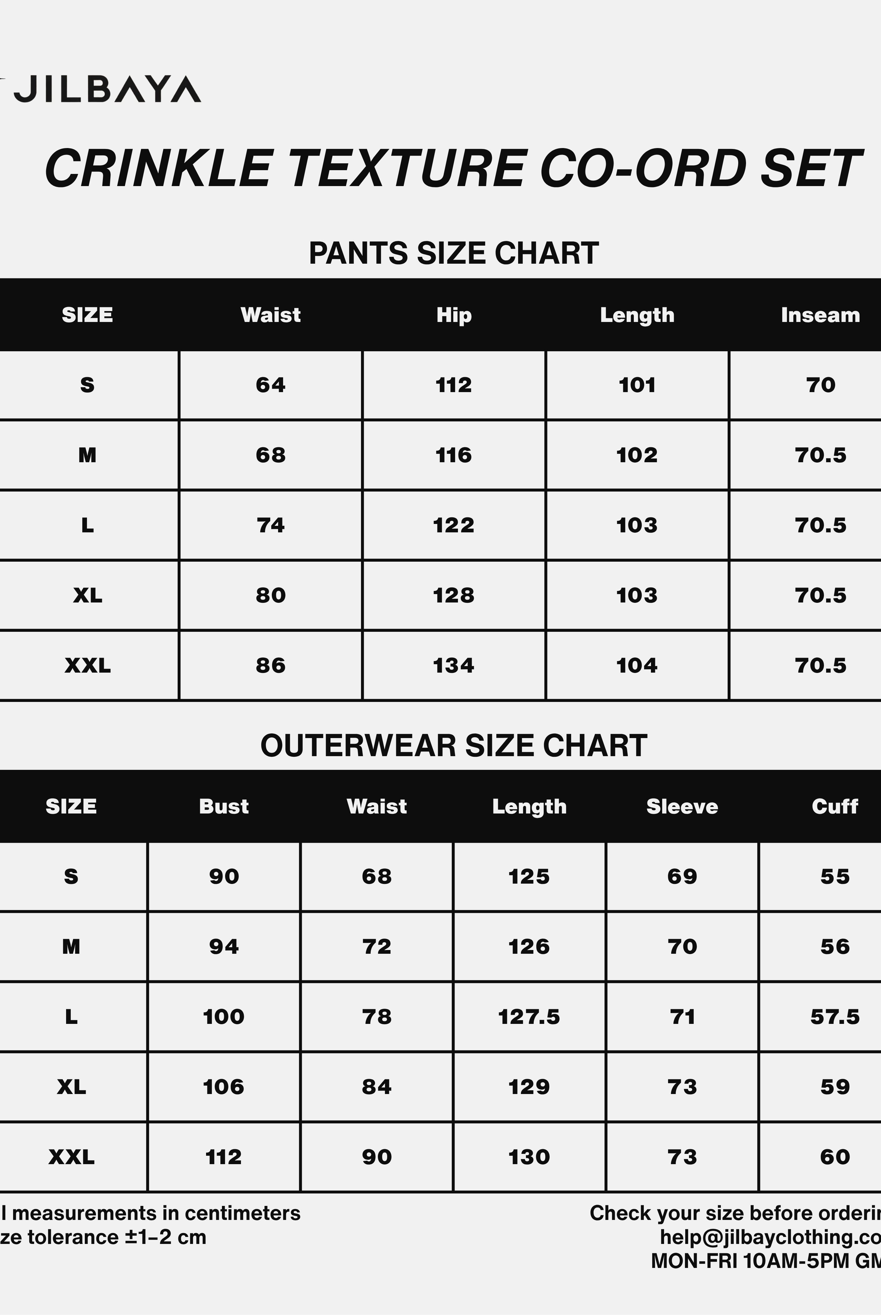 A size chart graphic for Jilbaya Crinkle Texture Co-Ord Set, showing pants size measurements (S to XXL) and outerwear size measurements (S to XXL) in a clean black-and-white table format.