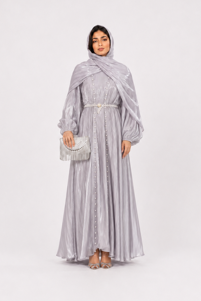A woman modeling a long, flowing light gray maxi dress with a matching draped shawl and holding a small metallic clutch, photographed against a seamless light gray studio background.