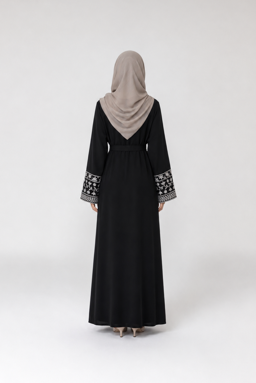 Abaya with Floral Vine Cuff Embroidery JILBAYA