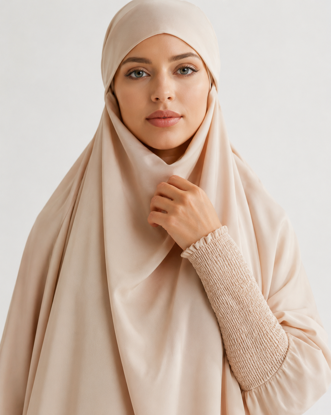 A woman wearing a light beige hijab and a matching long-sleeve top with a textured smocked sleeve, photographed against a clean light gray studio background.