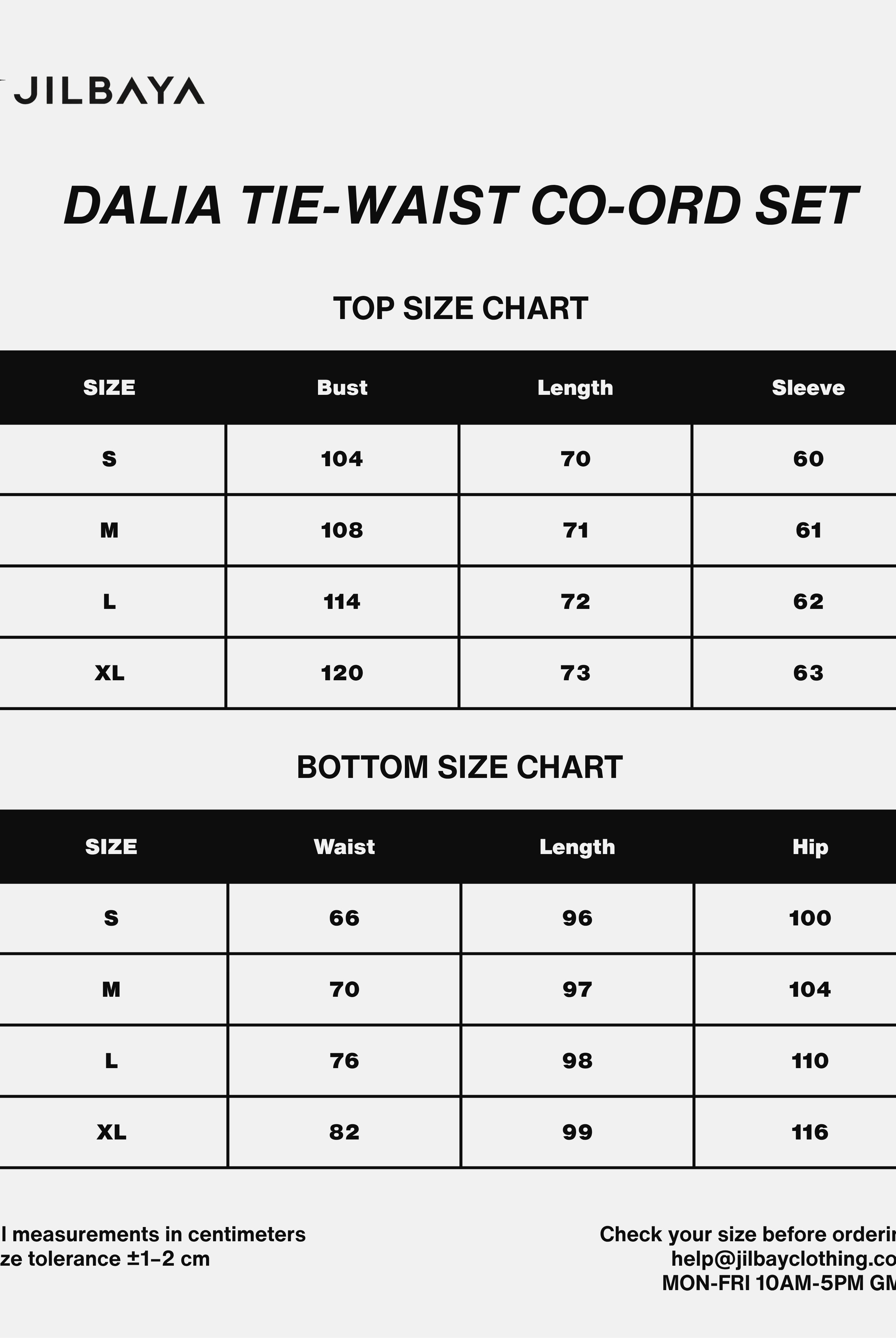 A size chart graphic for the Jilbaya Dalia Tie-Waist Co-Ord Set, showing top and bottom size tables with measurements in centimeters for sizes S, M, L, and XL.