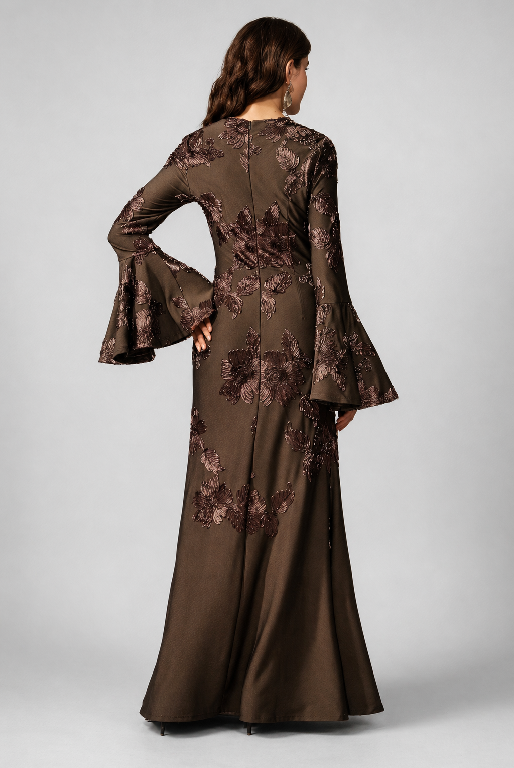 Mocha Embroidered Floral Maxi Dress JILBAYA
