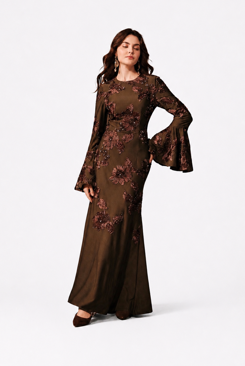Mocha Embroidered Floral Maxi Dress JILBAYA