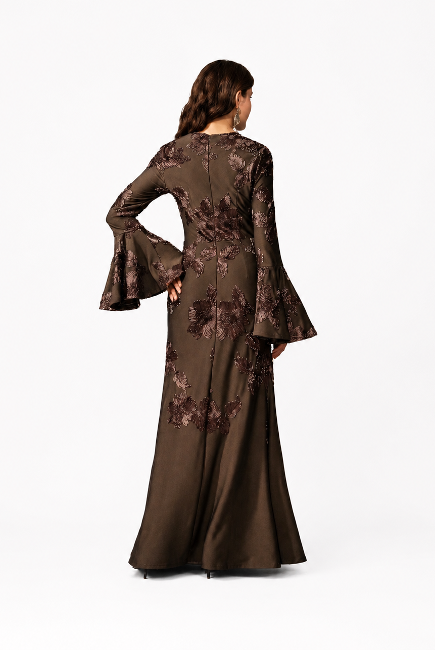 Mocha Embroidered Floral Maxi Dress JILBAYA