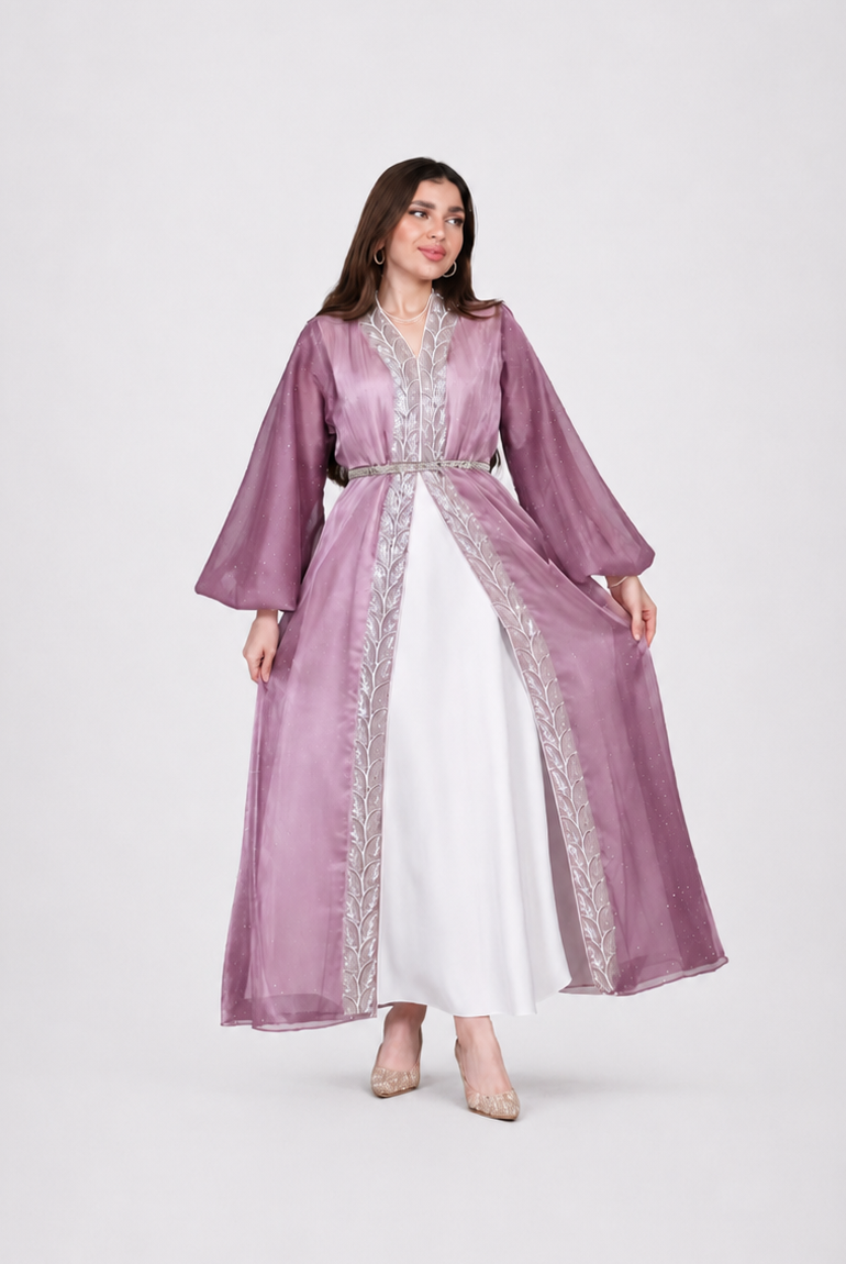 Satin Embroidered Open Set with Belt JILBAYA