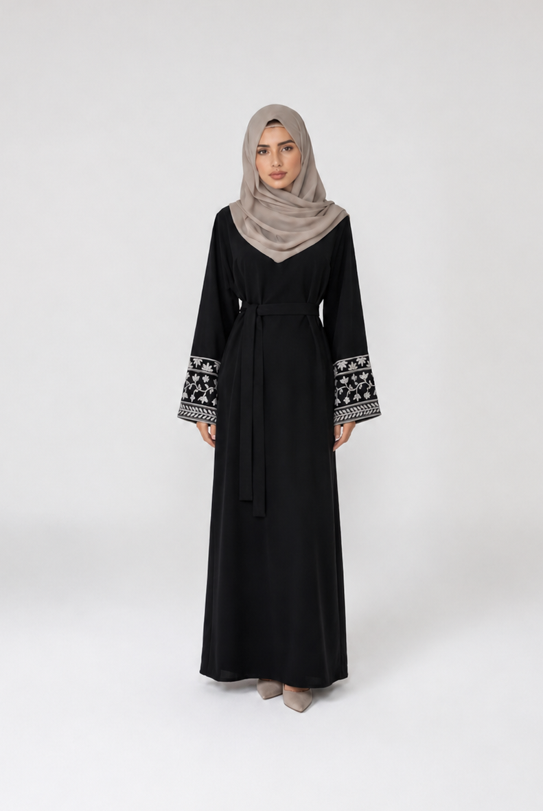 Abaya with Floral Vine Cuff Embroidery JILBAYA