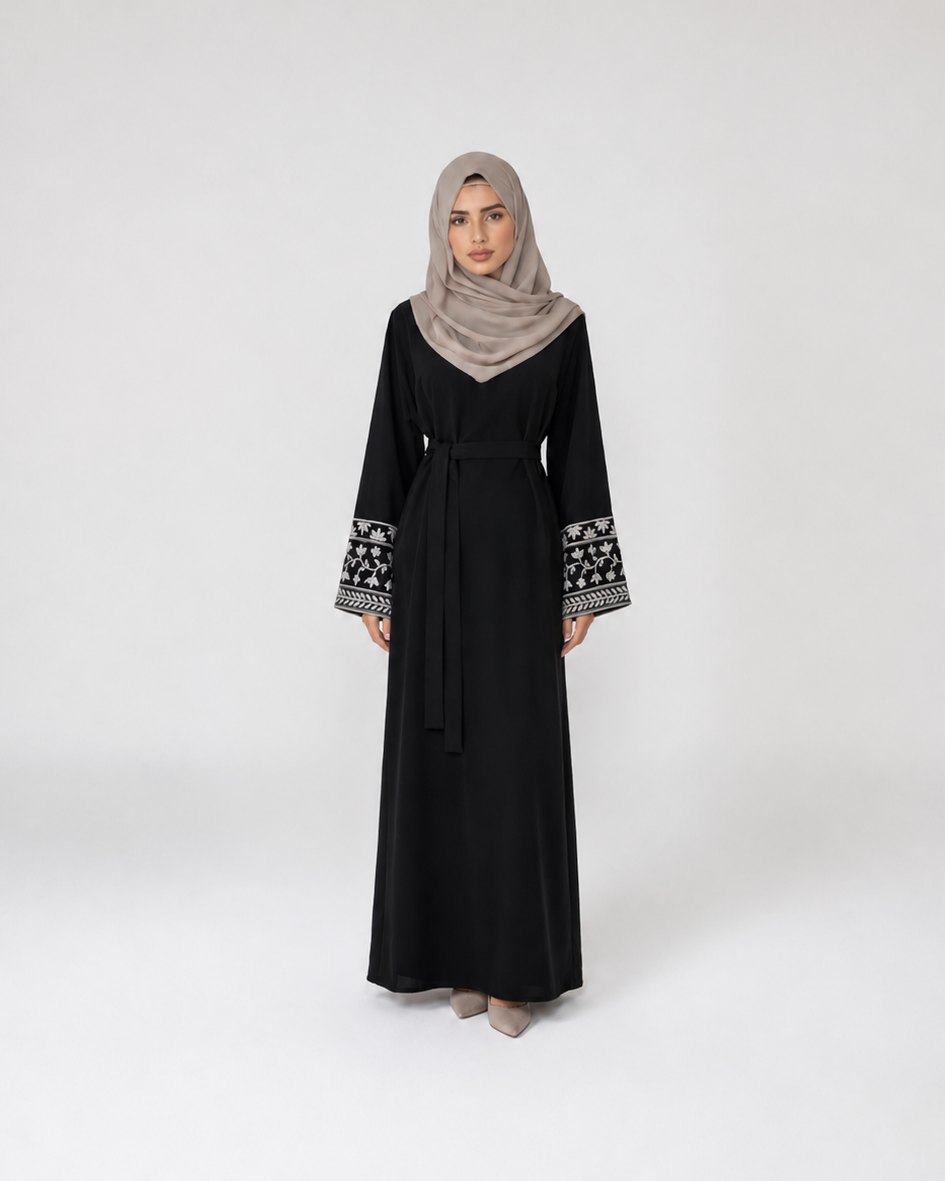 Abaya with Floral Vine Cuff Embroidery JILBAYA