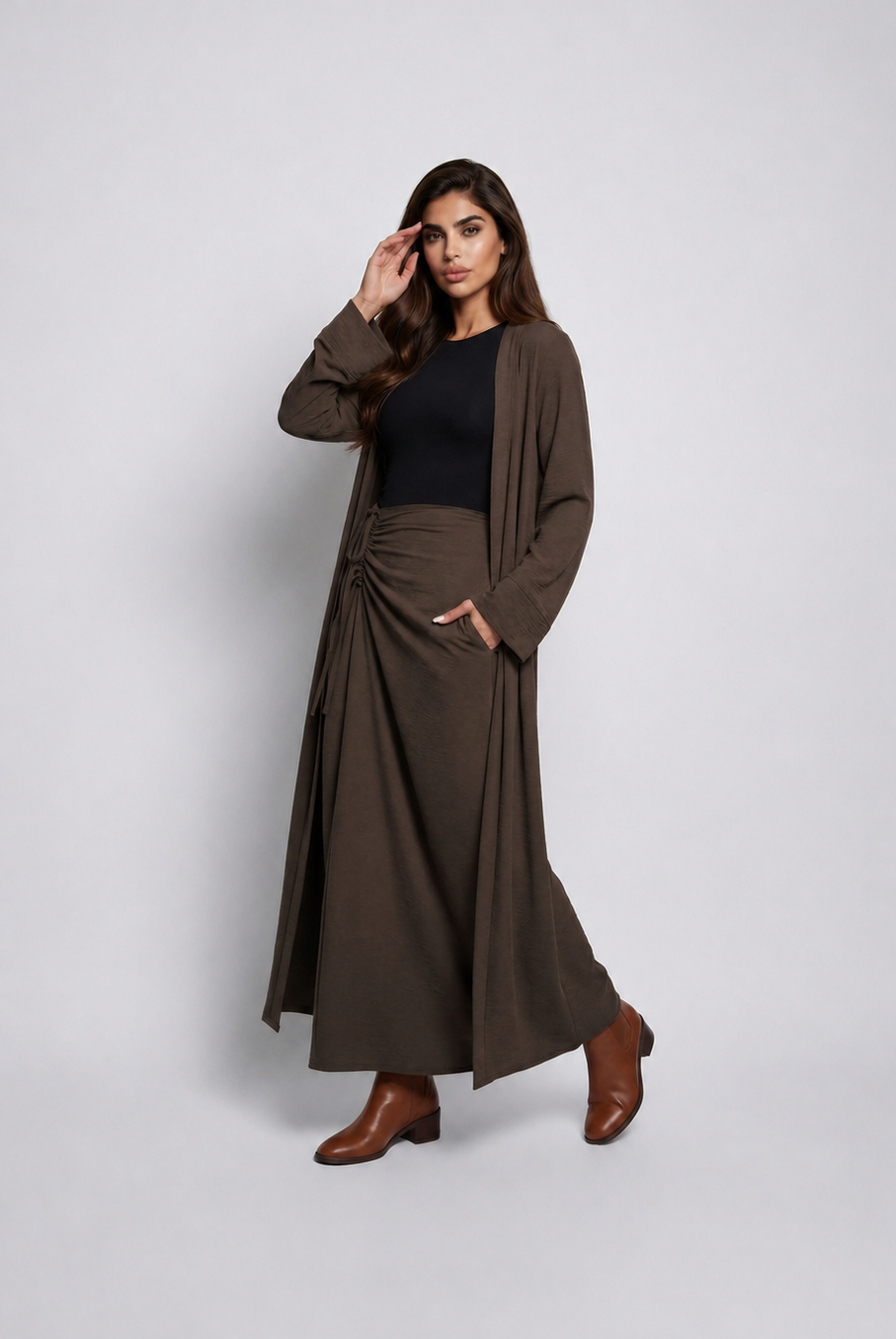 Open Abaya Cardigan & Ruched Skirt Co-Ord Set JILBAYA