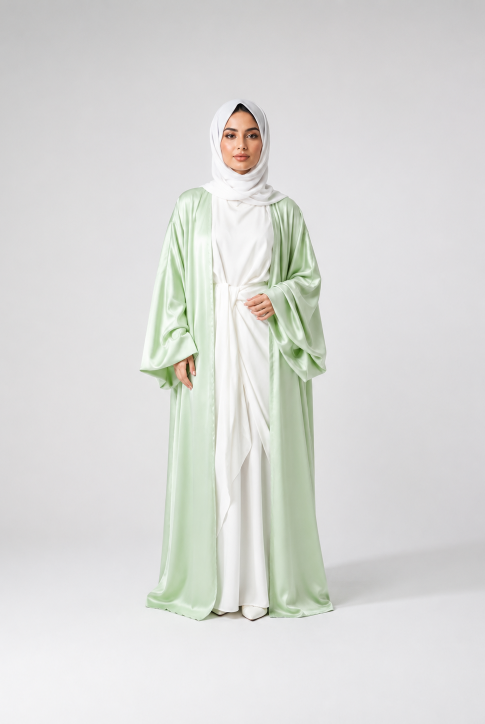 Satin Bubble Sleeve Kimono Open Abaya JILBAYA