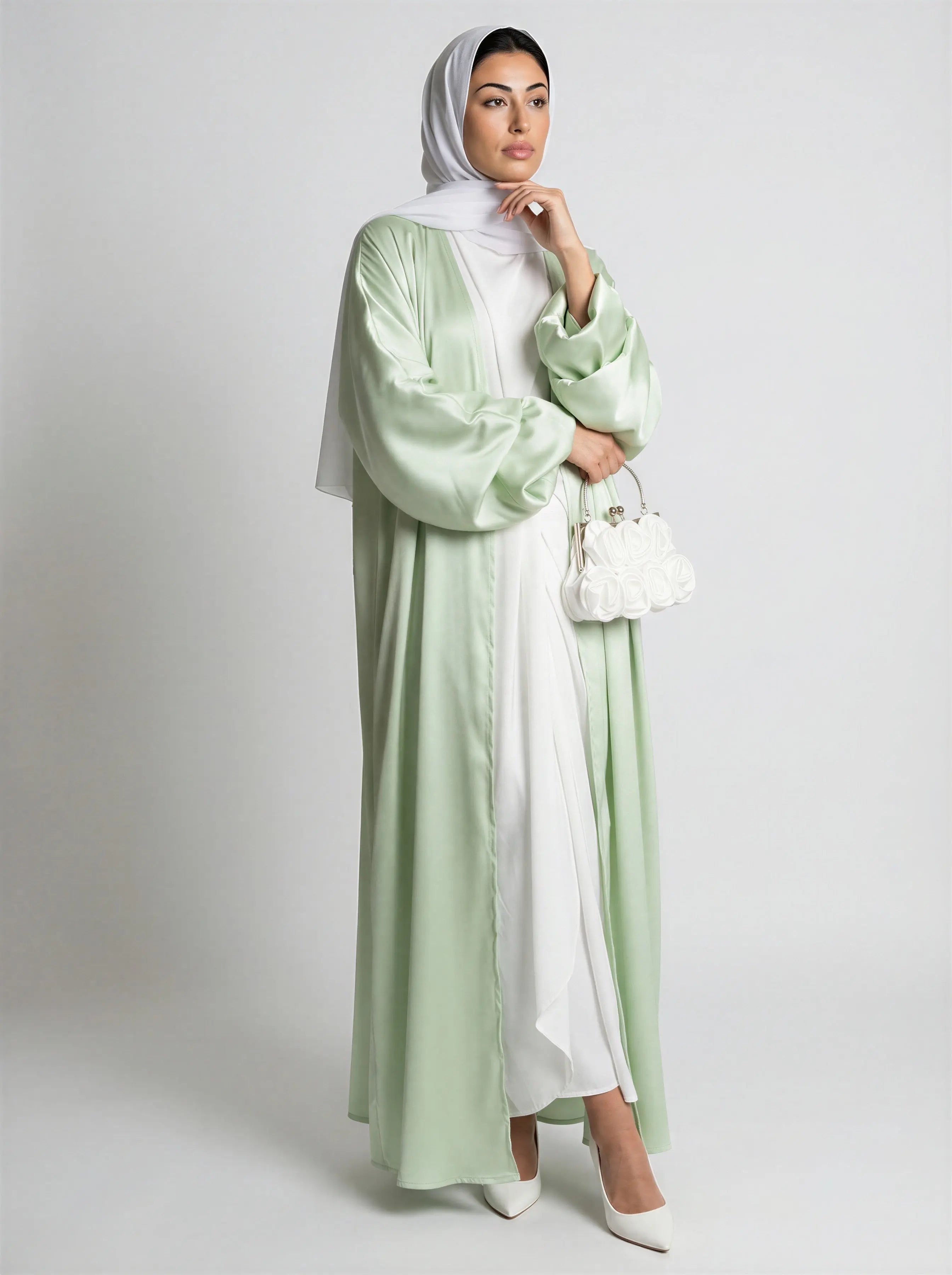 Satin Bubble Sleeve Kimono Open Abaya JILBAYA