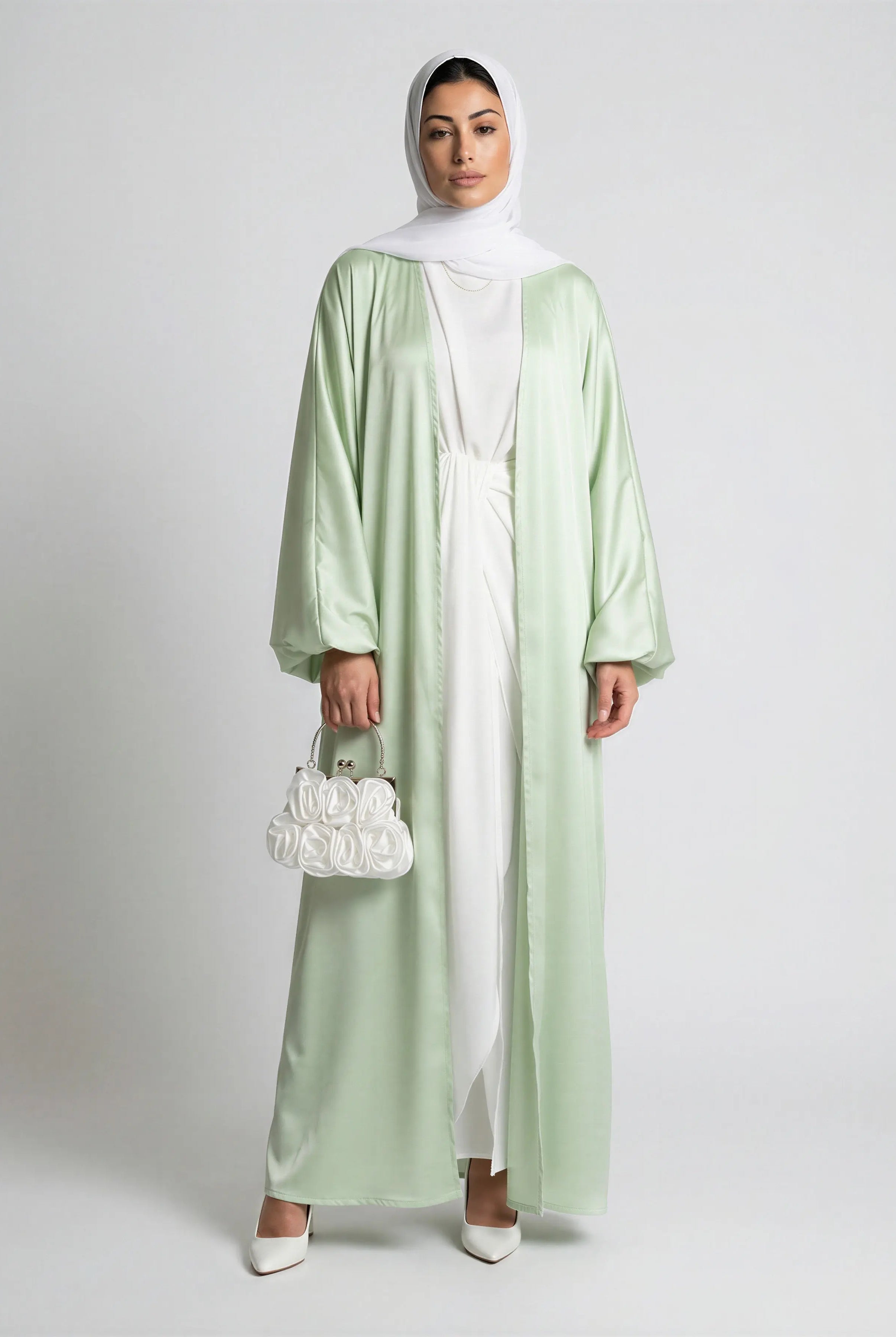 Satin Bubble Sleeve Kimono Open Abaya JILBAYA