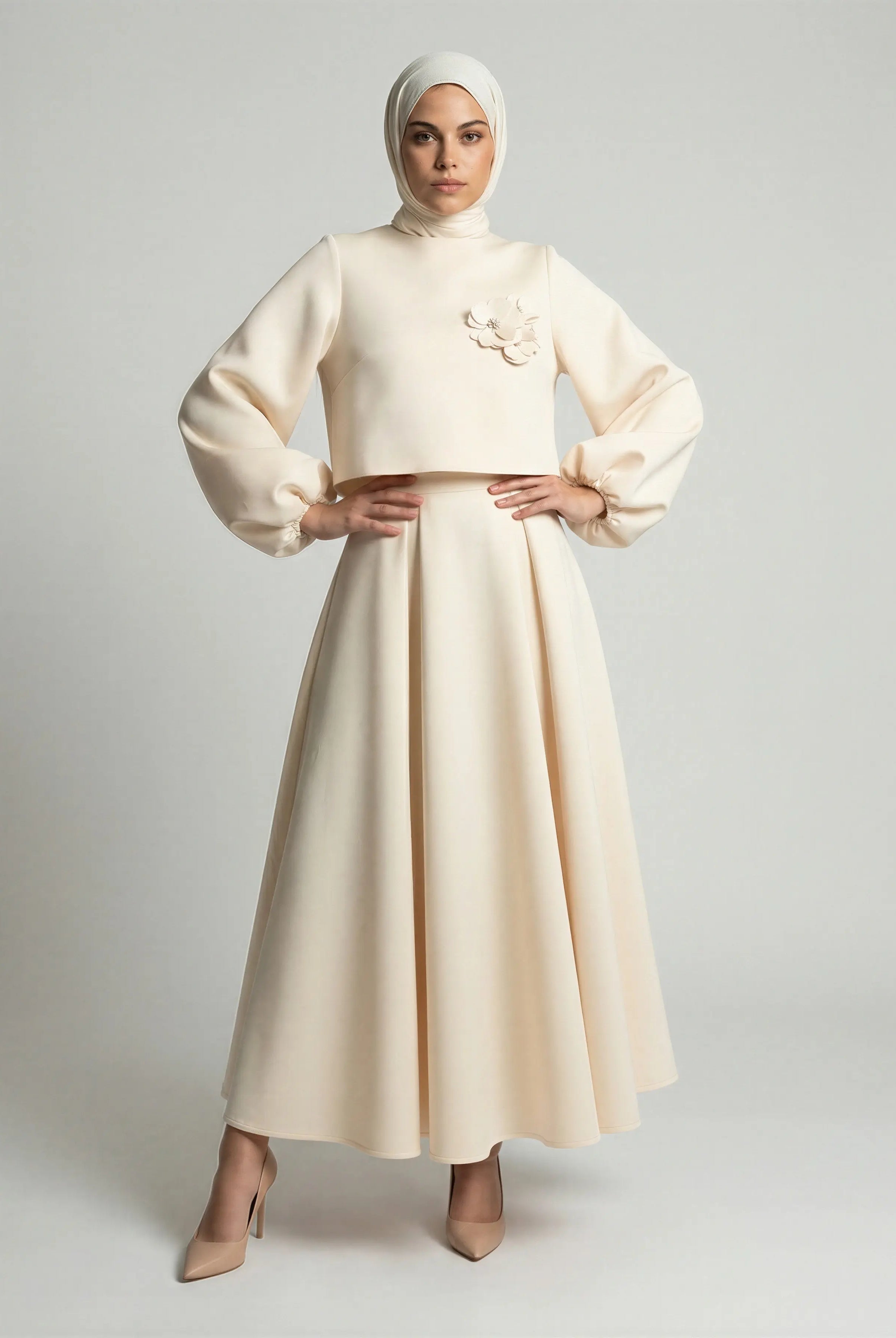 Elegant Lantern Sleeve Top & Skirt Set JILBAYA