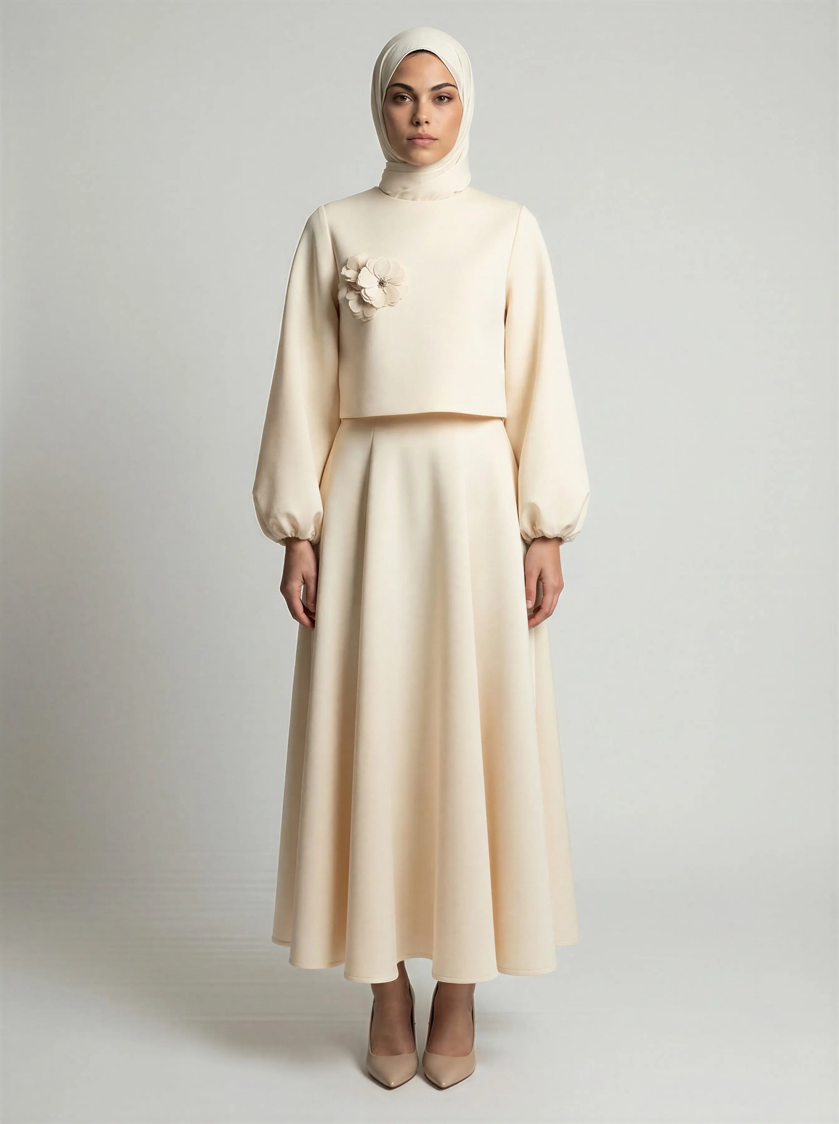 Elegant Lantern Sleeve Top & Skirt Set JILBAYA
