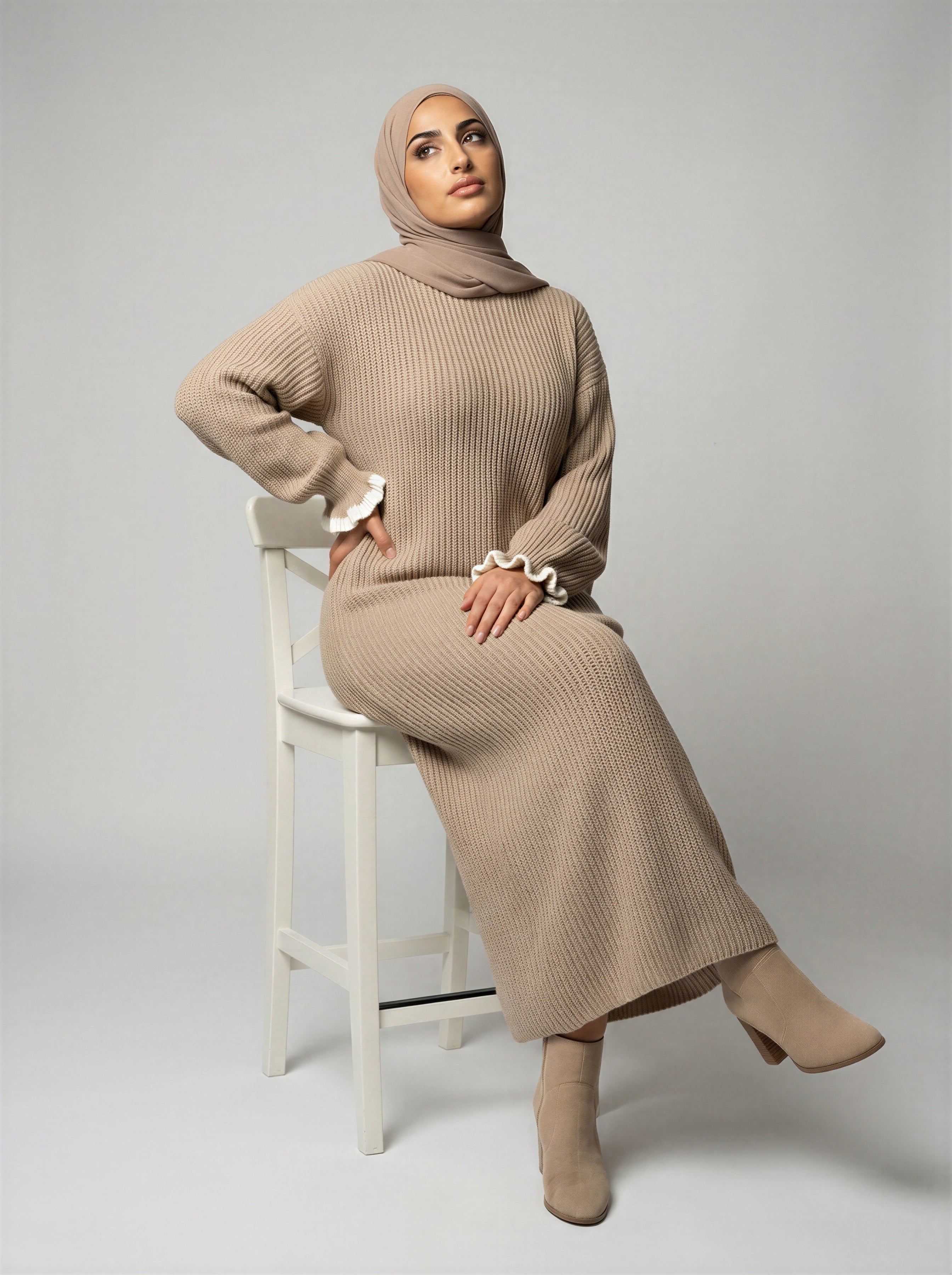 Ribbed Knit Maxi Abaya Dress with Ruffle Cuffs JILBAYA