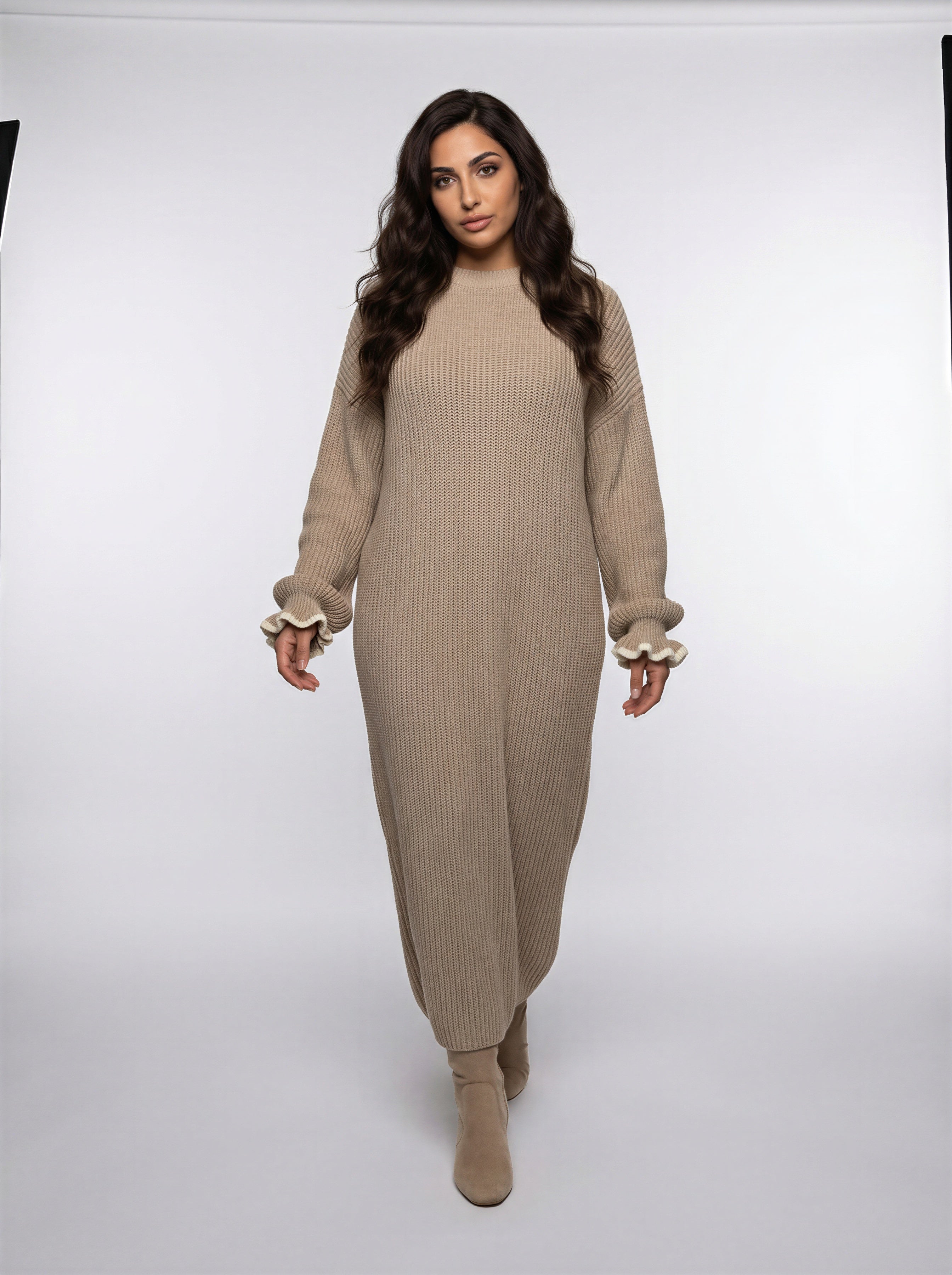 Ribbed Knit Maxi Abaya Dress with Ruffle Cuffs JILBAYA