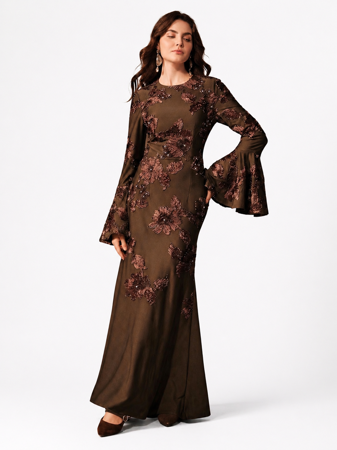 Mocha Embroidered Floral Maxi Dress JILBAYA