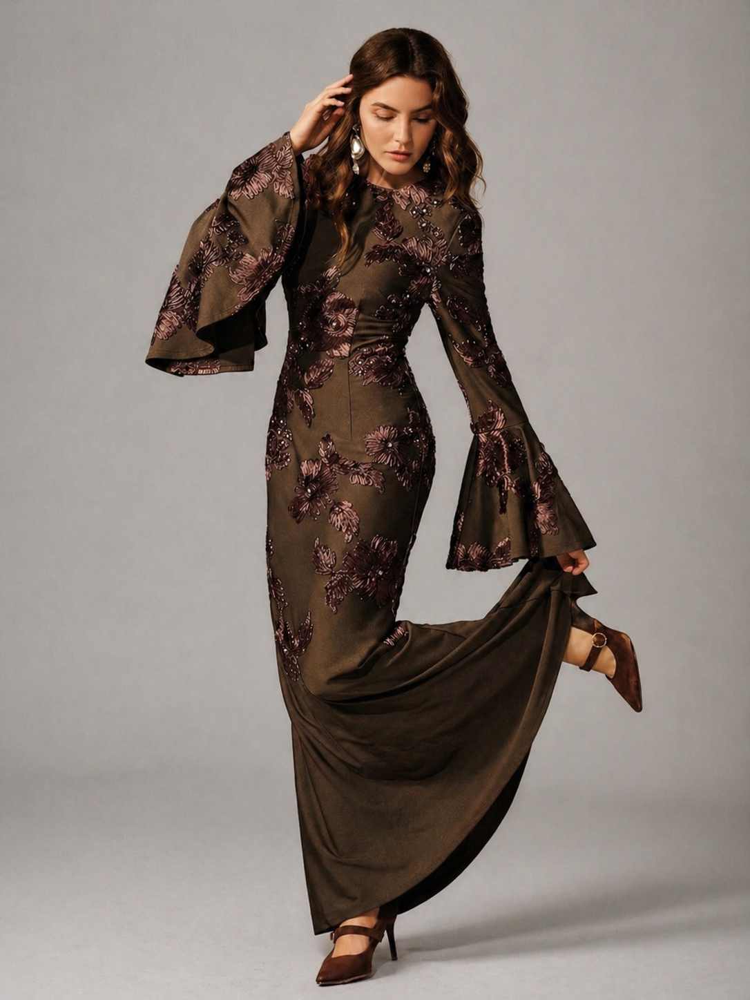 Mocha Embroidered Floral Maxi Dress JILBAYA