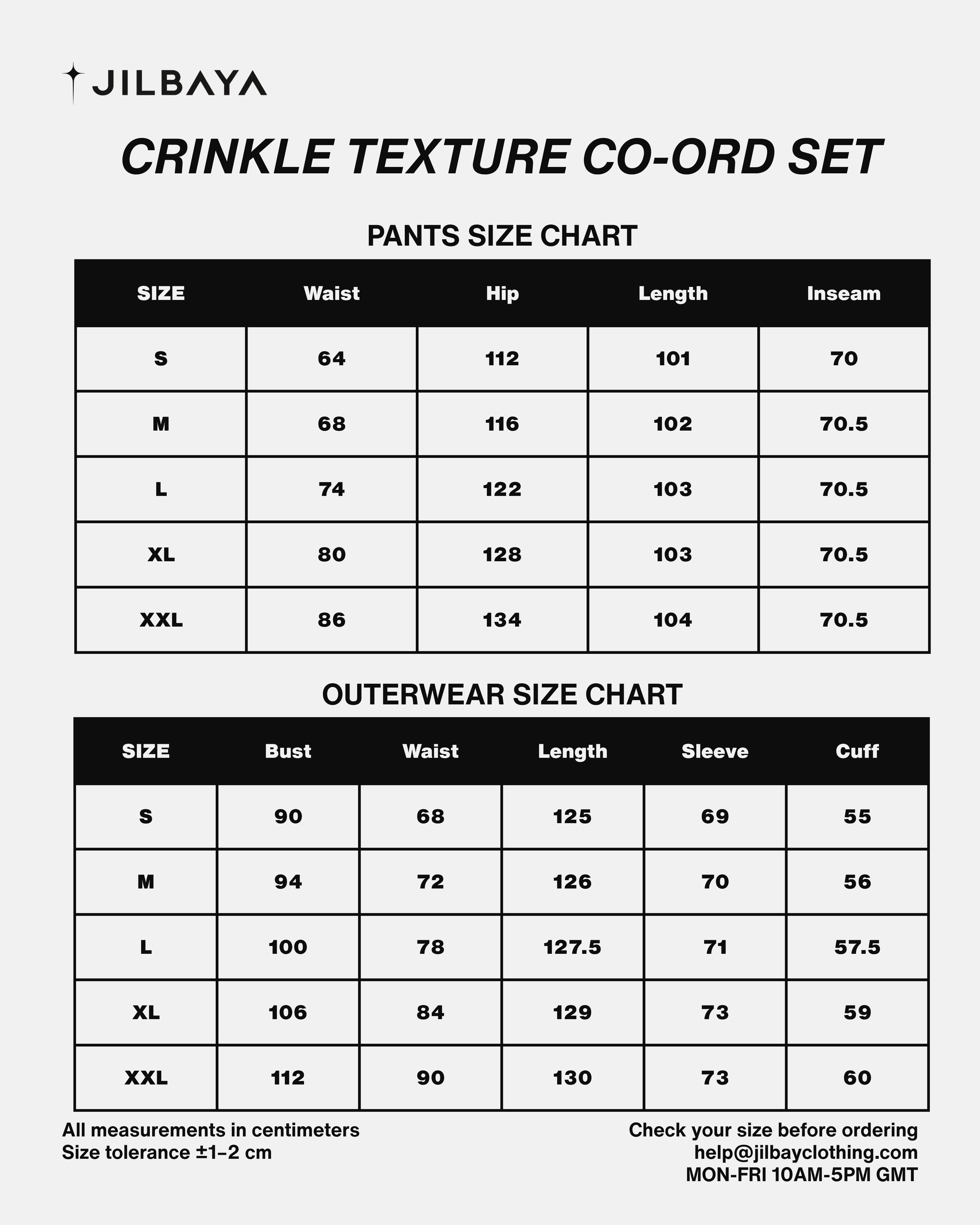 A size chart graphic for Jilbaya Crinkle Texture Co-Ord Set, showing pants size measurements (S to XXL) and outerwear size measurements (S to XXL) in a clean black-and-white table format.