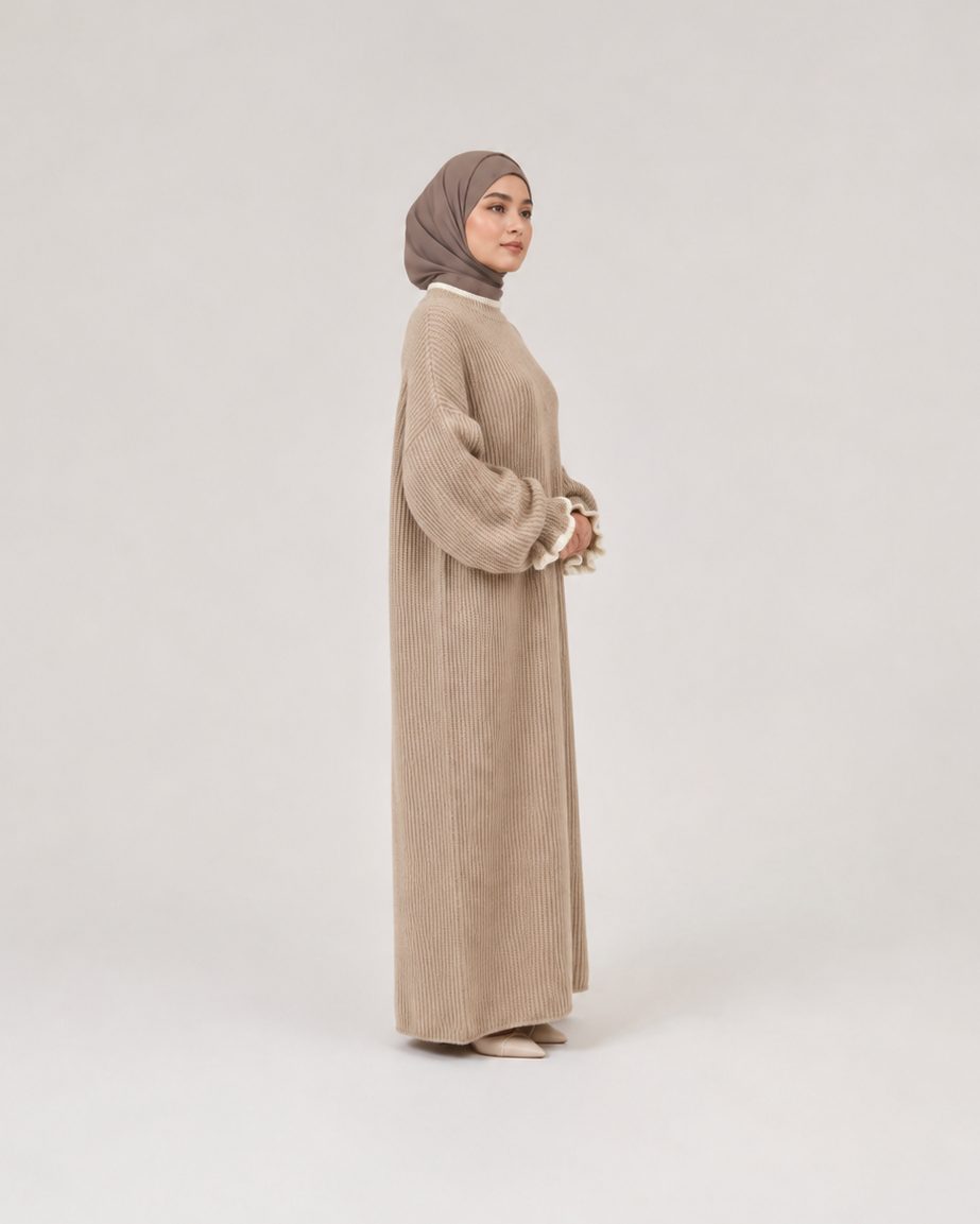 A woman wearing a long, loose beige abaya and a taupe hijab stands in profile against a plain light gray studio background.