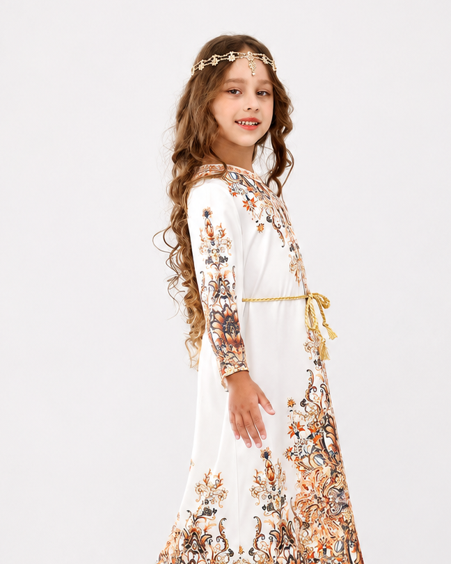 Young girl wearing a white dress with floral patterns on a white background