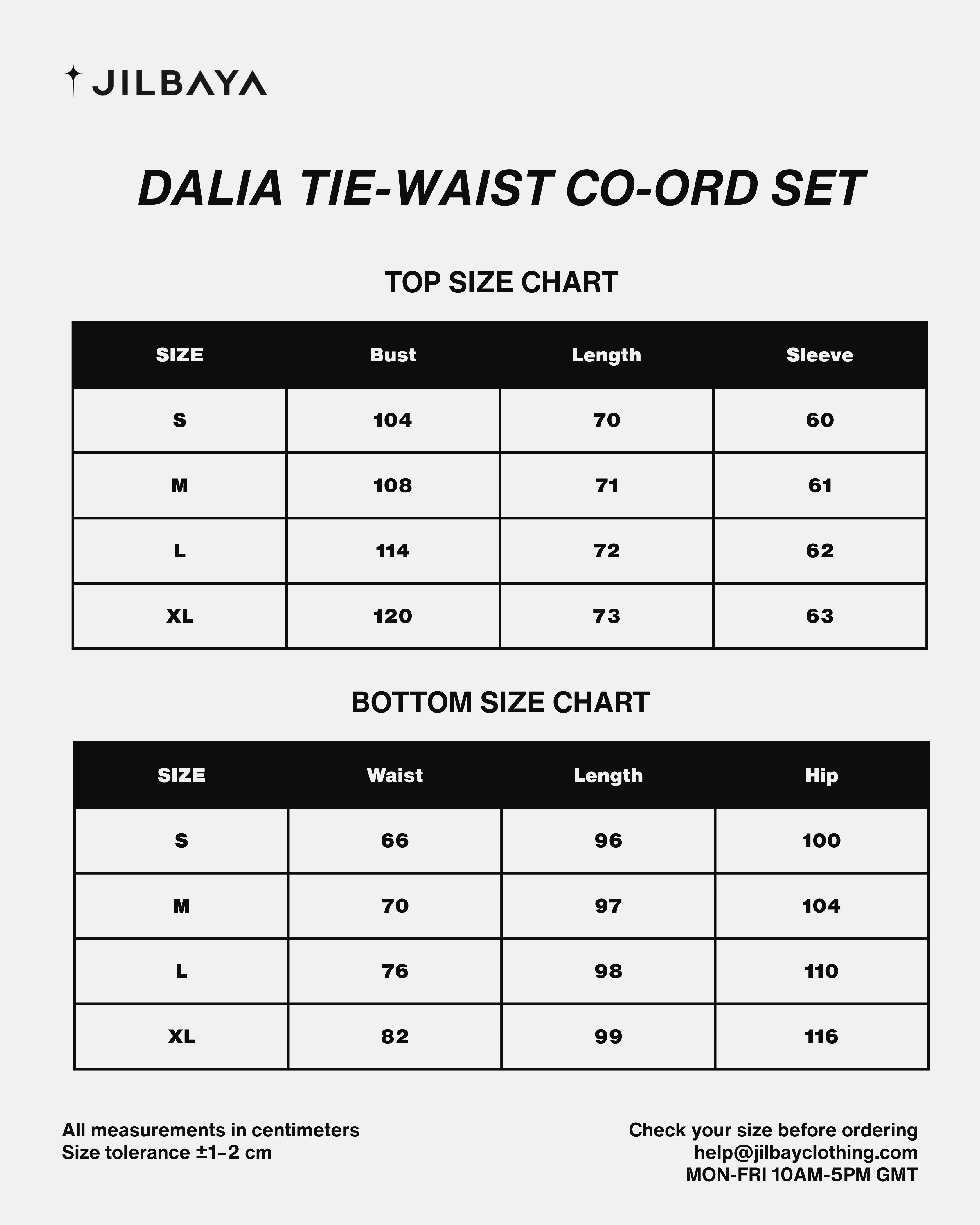 A size chart graphic for the Jilbaya Dalia Tie-Waist Co-Ord Set, showing top and bottom size tables with measurements in centimeters for sizes S, M, L, and XL.