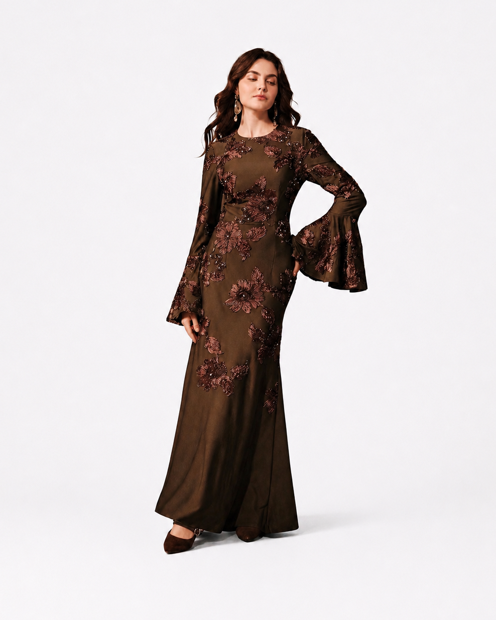Mocha Embroidered Floral Maxi Dress JILBAYA