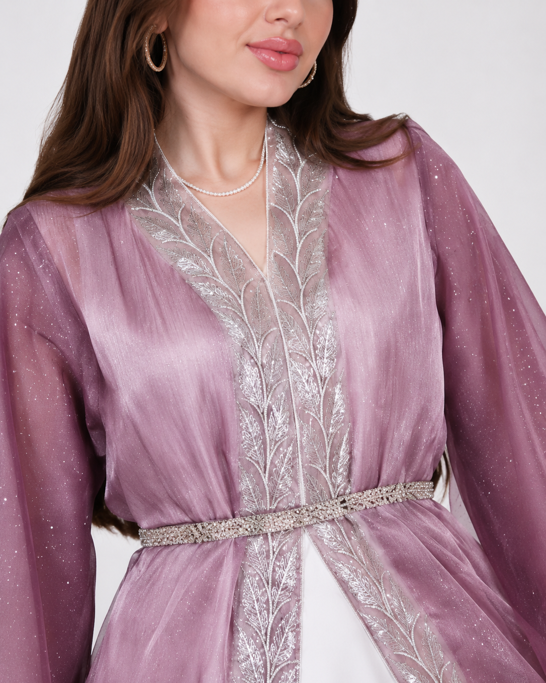 Satin Embroidered Open Set with Belt JILBAYA