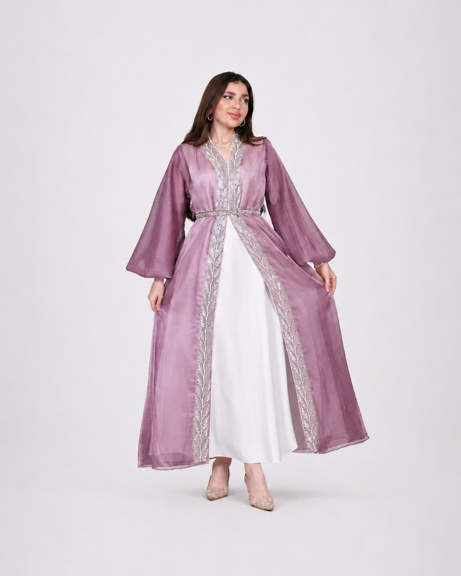 Satin Embroidered Open Set with Belt JILBAYA