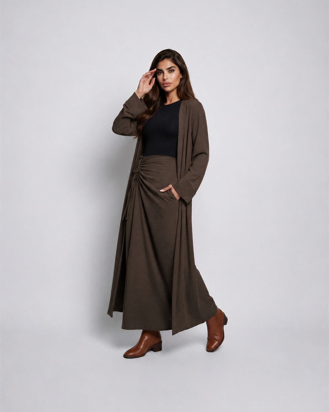 Open Abaya Cardigan & Ruched Skirt Co-Ord Set JILBAYA