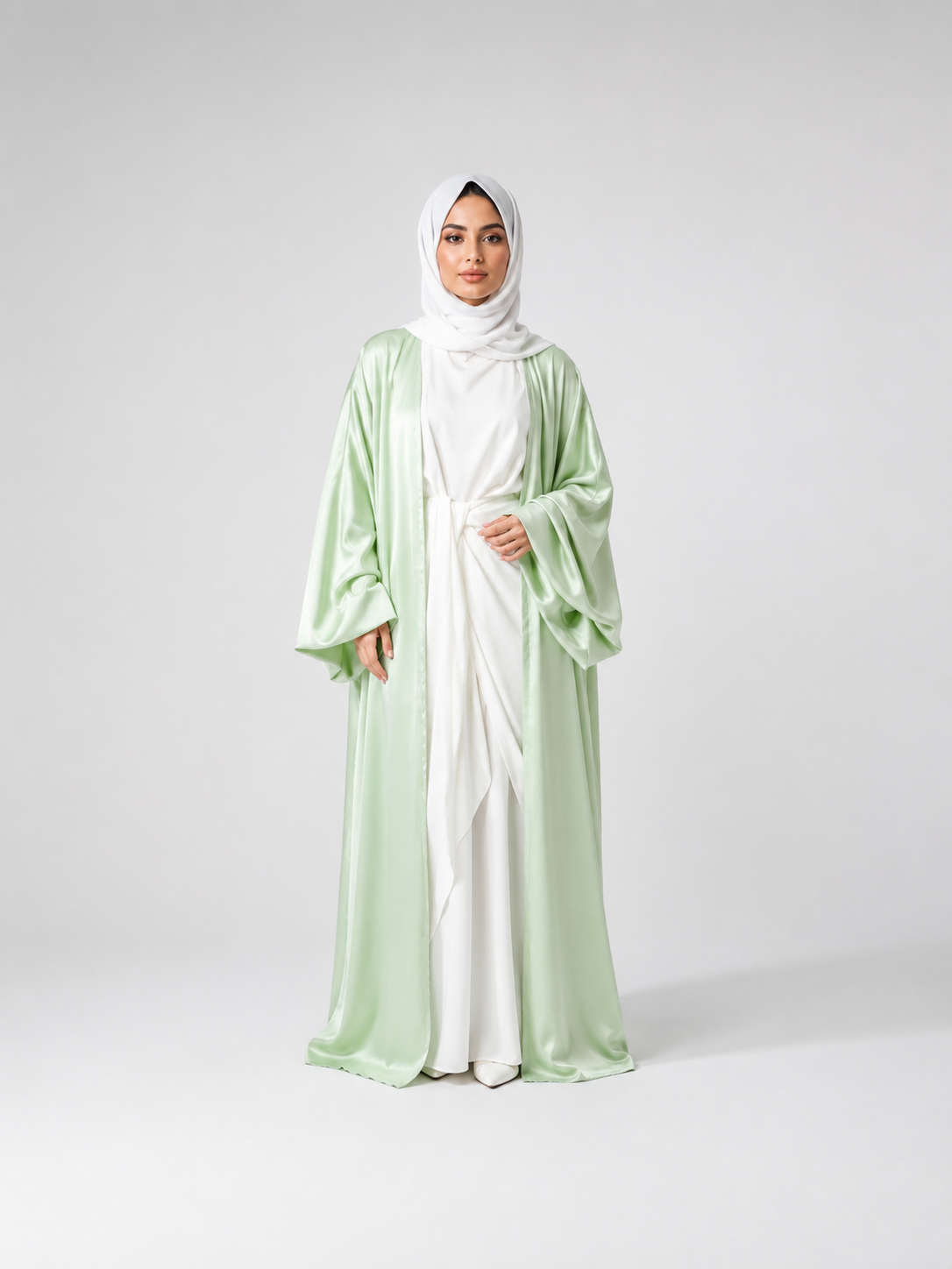 Satin Bubble Sleeve Kimono Open Abaya JILBAYA