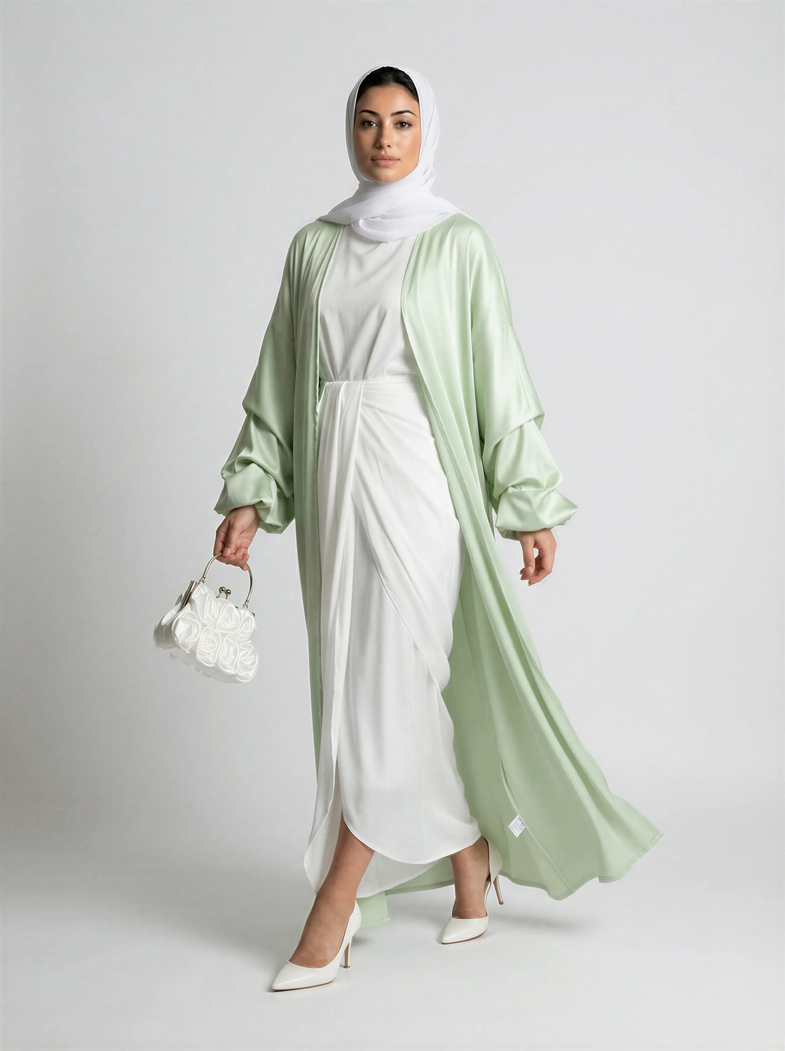 Satin Bubble Sleeve Kimono Open Abaya JILBAYA