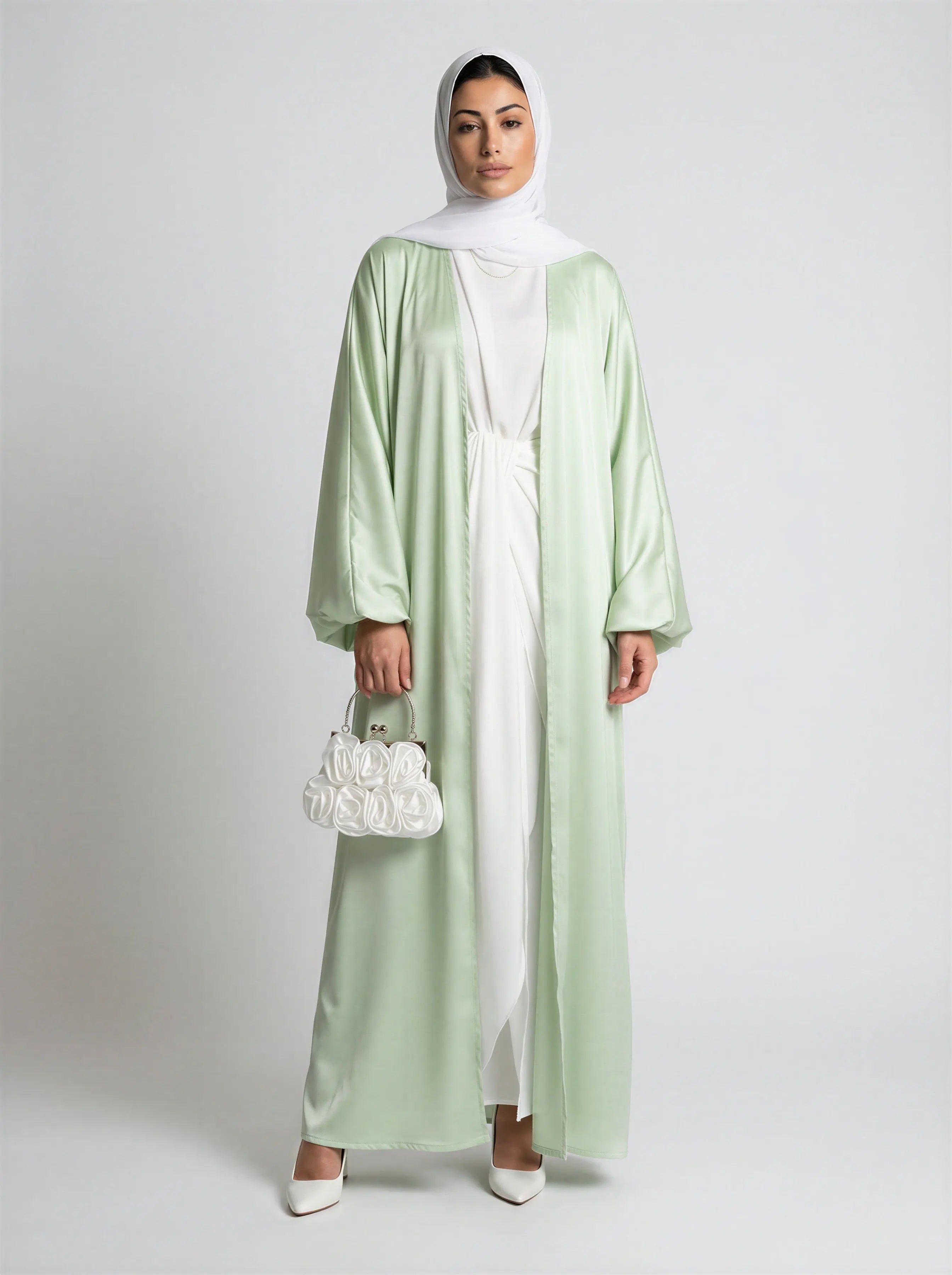 Satin Bubble Sleeve Kimono Open Abaya JILBAYA
