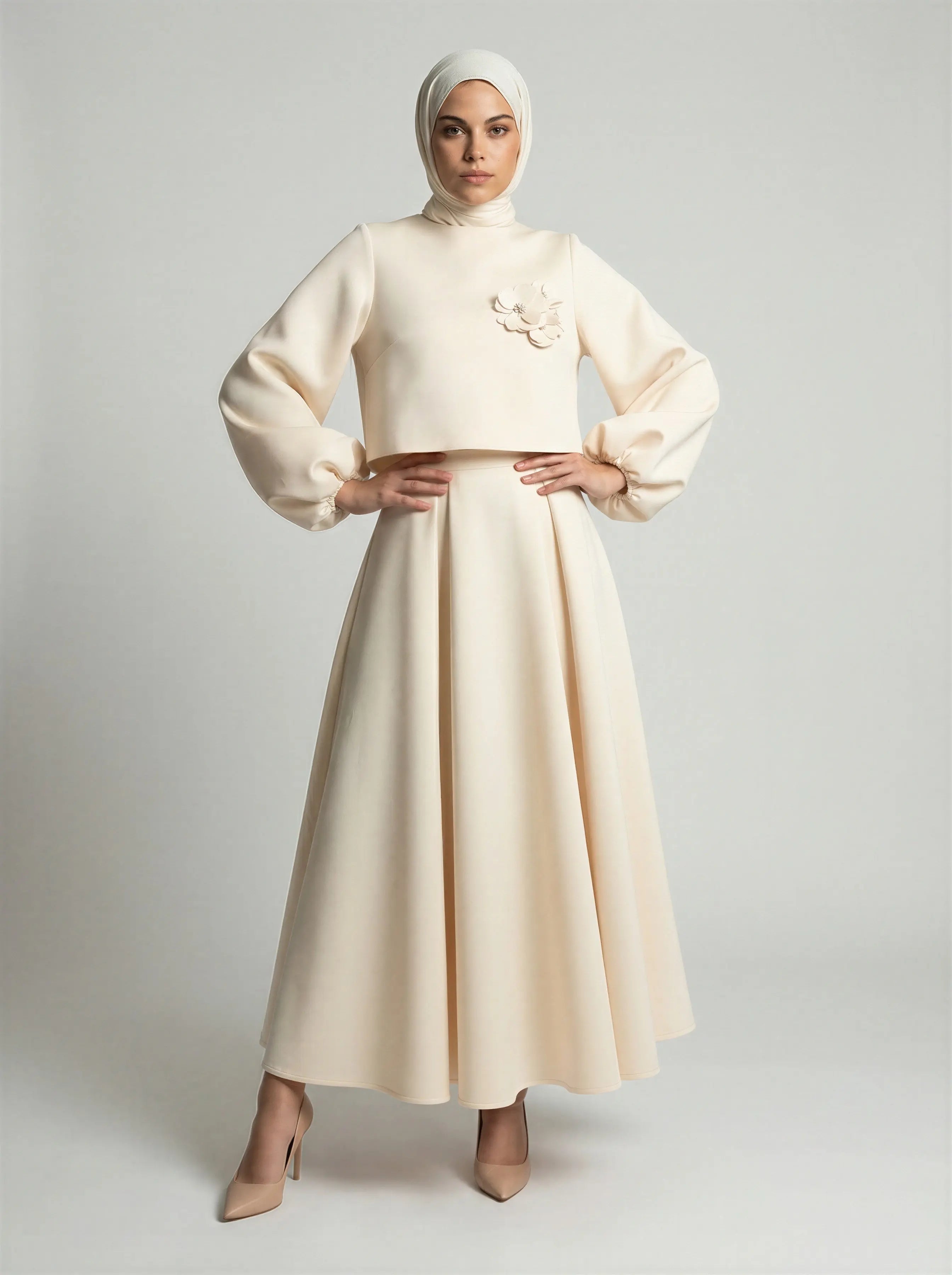 Elegant Lantern Sleeve Top & Skirt Set JILBAYA
