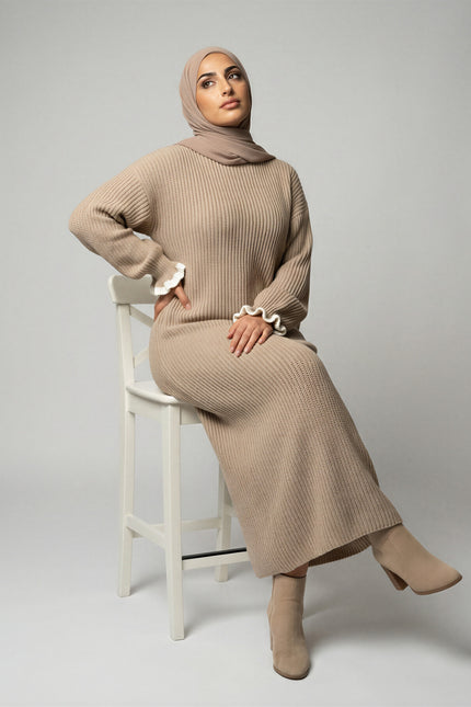 Ribbed Knit Maxi Abaya Dress with Ruffle Cuffs JILBAYA