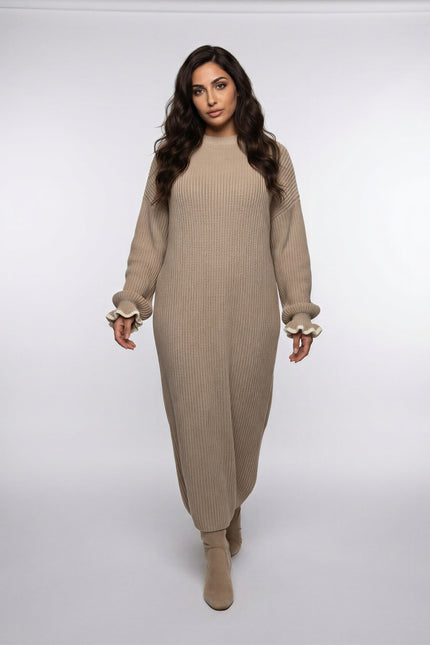 Ribbed Knit Maxi Abaya Dress with Ruffle Cuffs JILBAYA