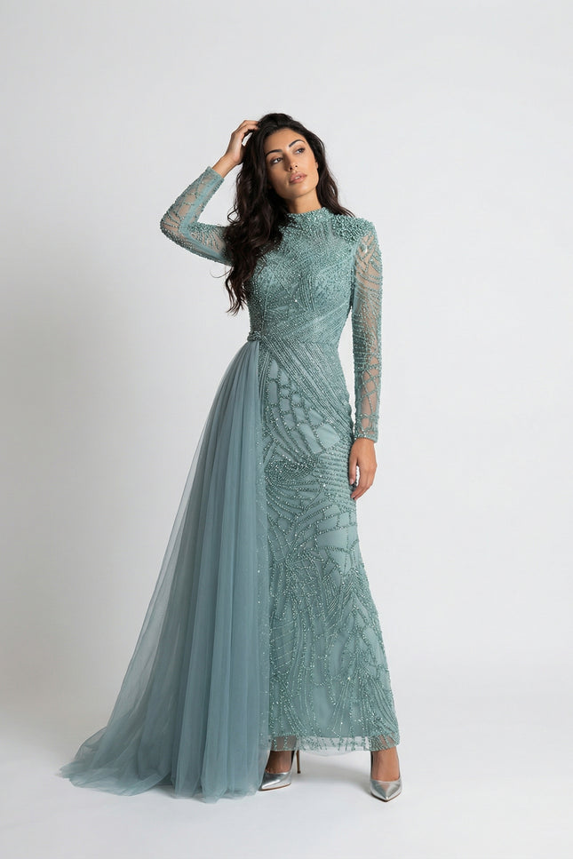 Signature Hand-Beaded High-Neck Drape Gown JILBAYA