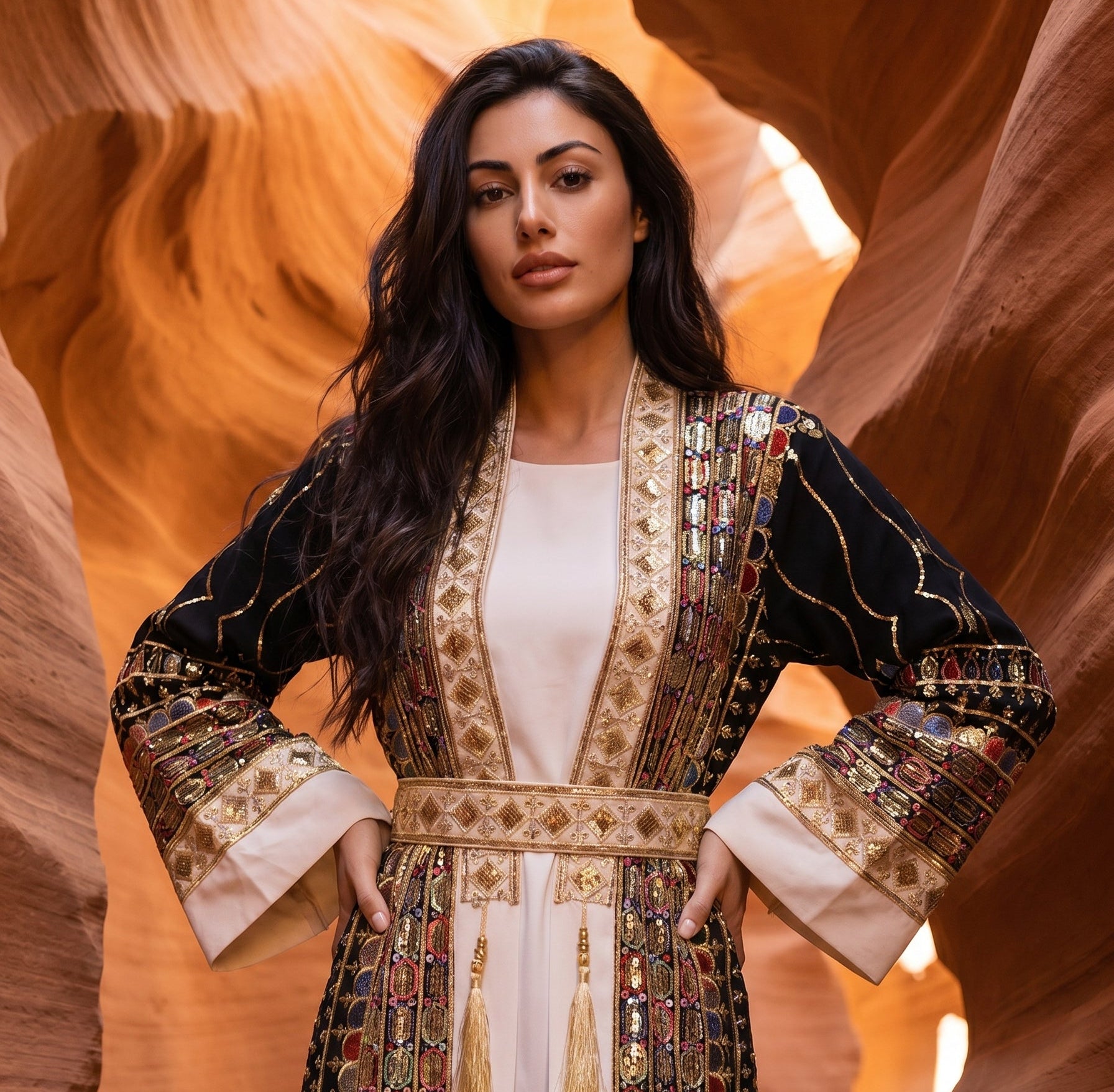 Woman in an ornate dress standing in a desert canyon