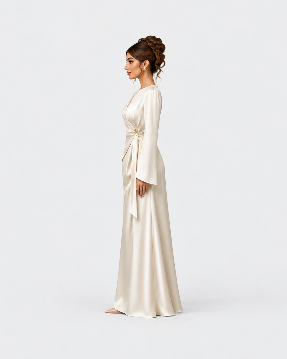 A woman in profile wearing a floor-length cream satin gown with long sleeves and a self-tie waist, photographed against a seamless light gray studio background.