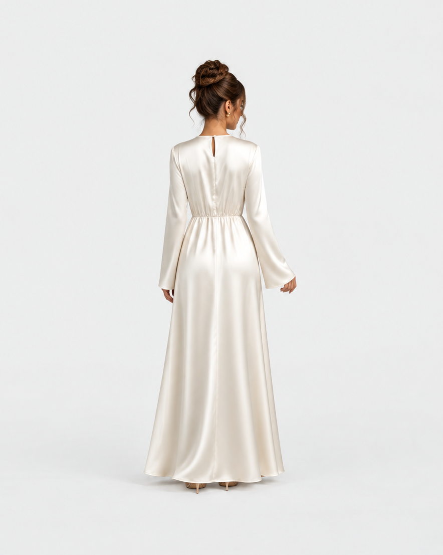 A woman viewed from behind wearing a floor-length satin gown in a warm ivory or cream tone, standing against a clean light gray studio background.
